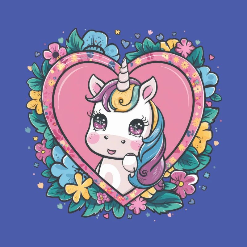 Kawaii Unicorn with Flowers and Hearts