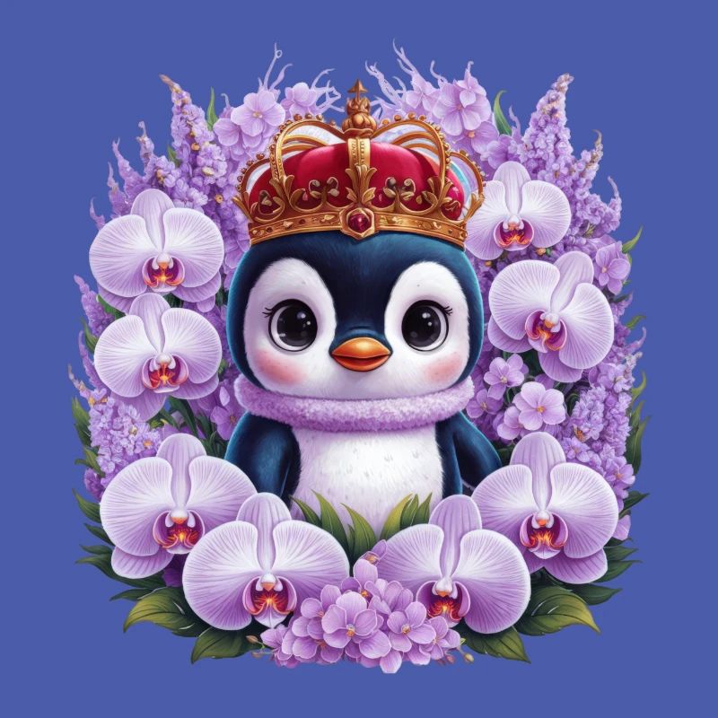Kawaii Pinguin mit Orchideen, Krone und Flieder
