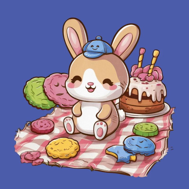 Dessin animé lapin kawaii avec des biscuits et un gâteau