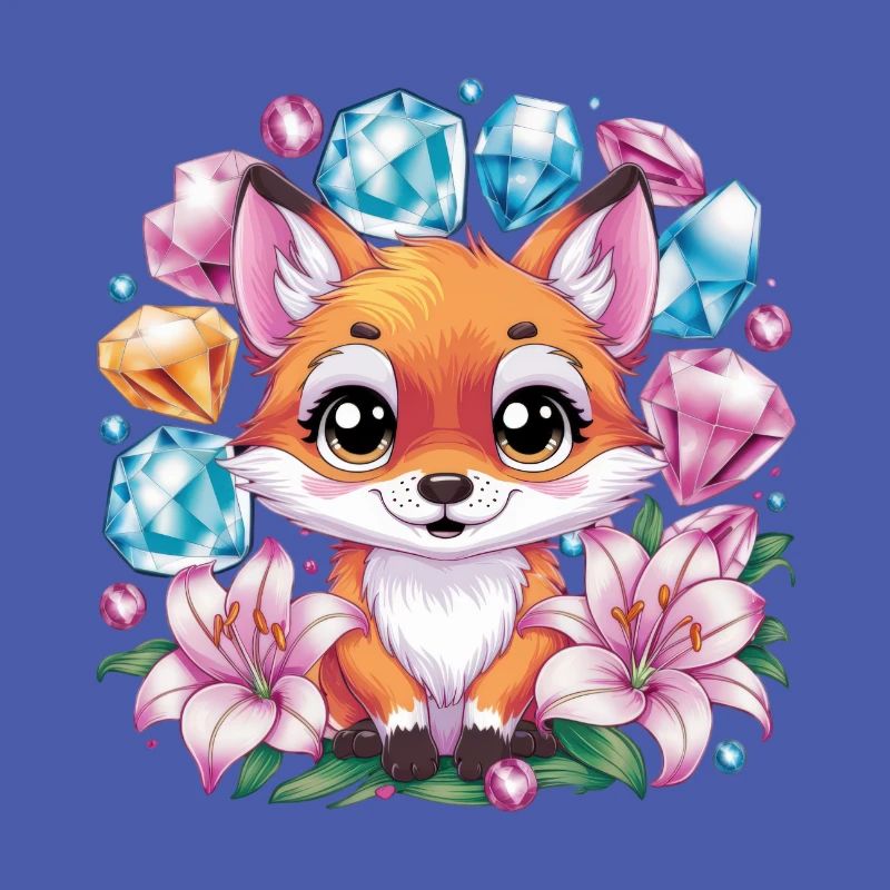 Cartoon Kawaii Fuchs mit farbenfrohen Blumen