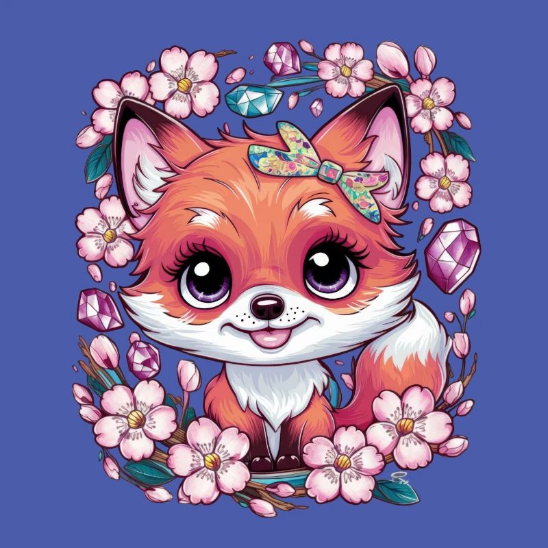 Renard kawaii avec fleurs de cerisier Sakura