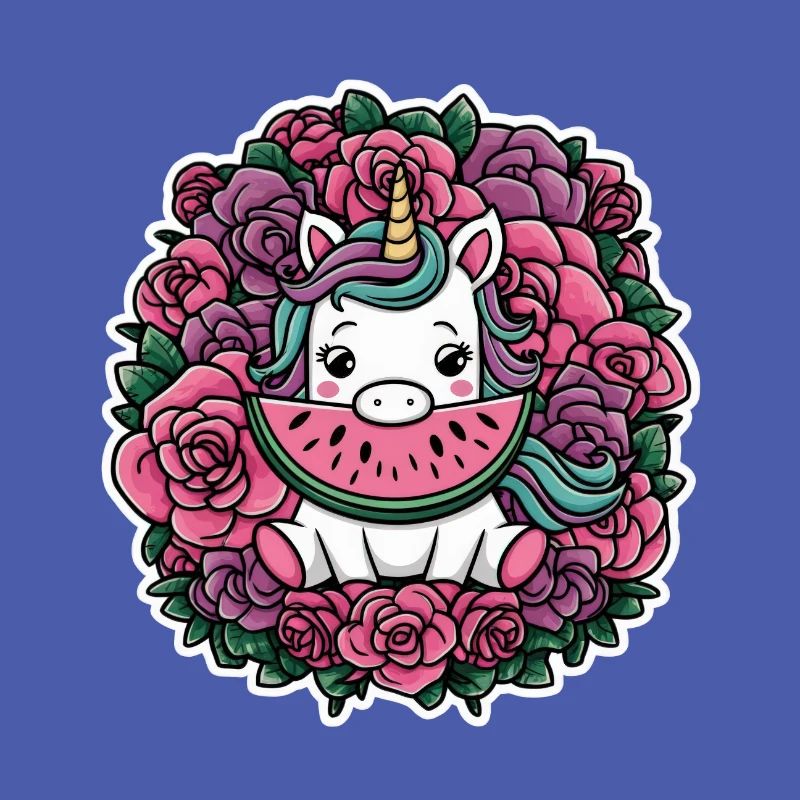Kawaii Einhorn mit Rosen und Melone