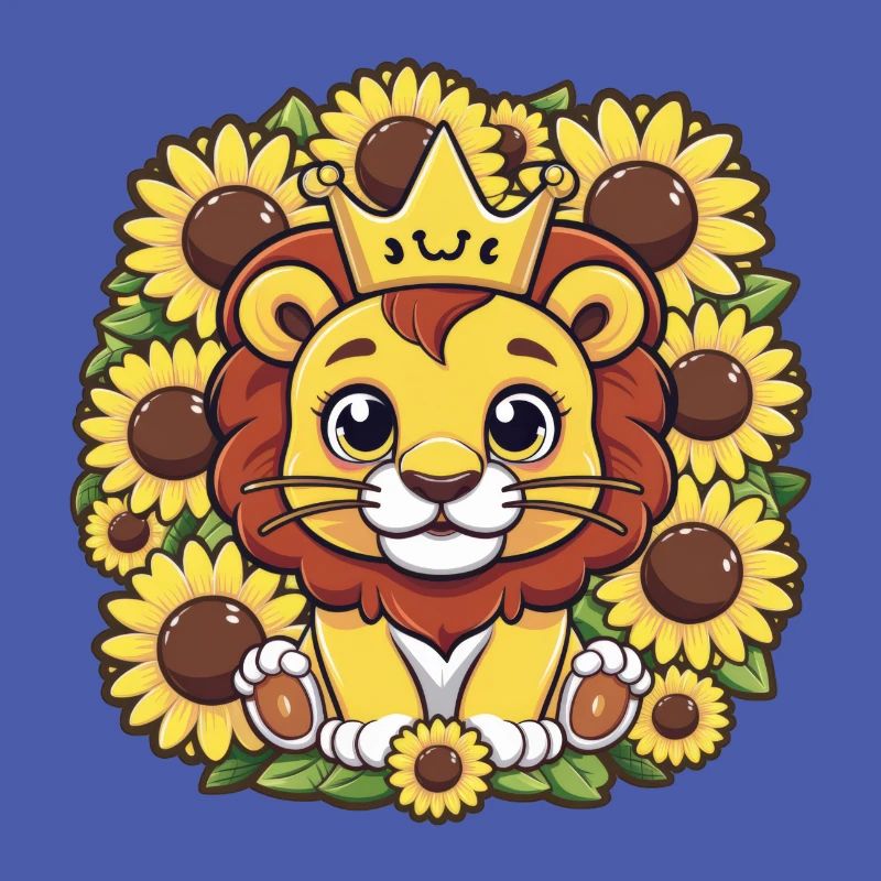 Dessin animé Kawaii lion avec couronne et tournesols