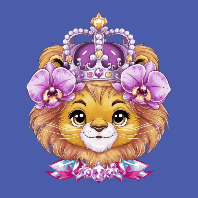 Lion Kawaii avec Couronne et Orchidées