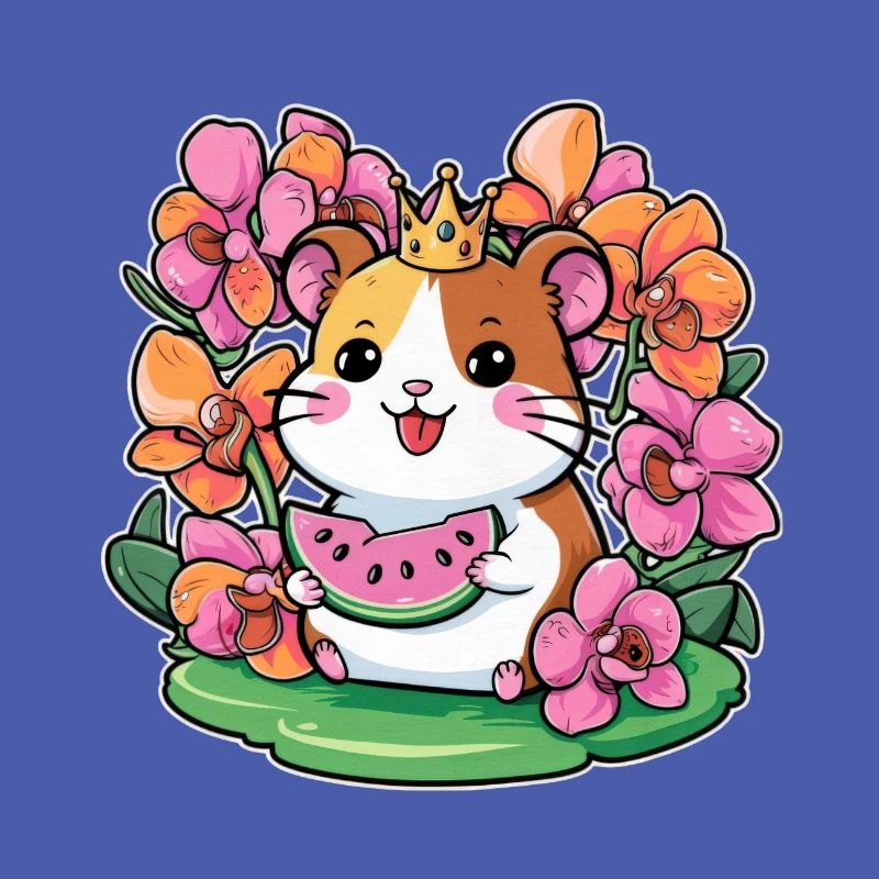Hamster kawaii avec pastèques et orchidées