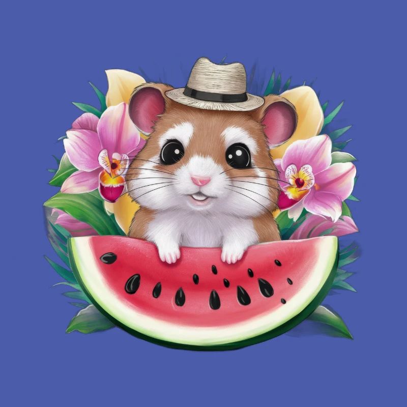 Hamster kawaii avec pastèques et orchidées
