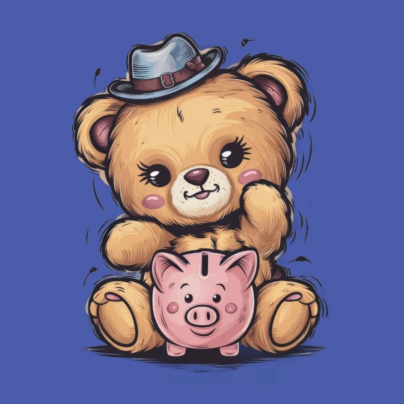 Süßer Kawaii Teddybär mit Sparschwein