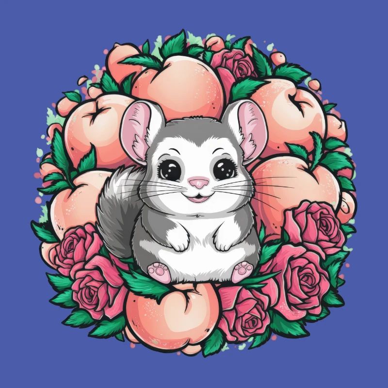 Dessin animé Kawaii Chinchilla avec des roses et de la pêche
