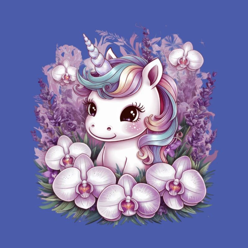 Licorne Kawaii avec orchidées
