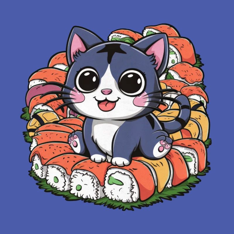 Cute kawaii cat loves sushi
