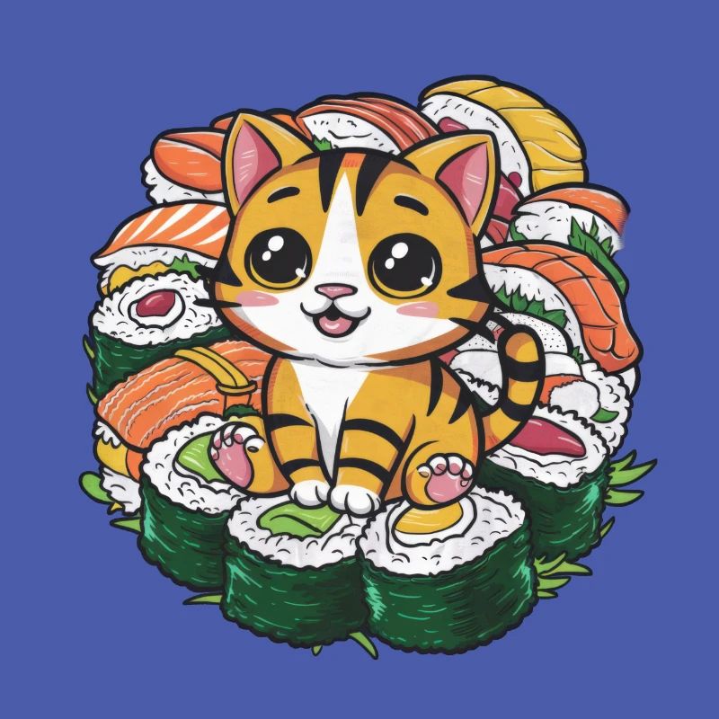 Cute kawaii cat loves sushi