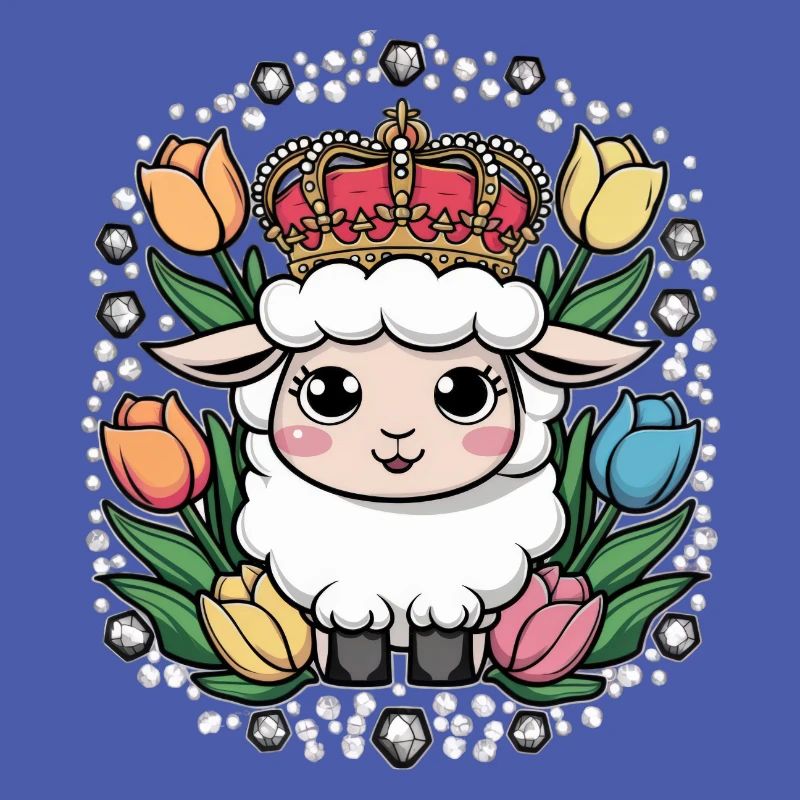 Royal Kawaii Sheep with Crown and Tulips