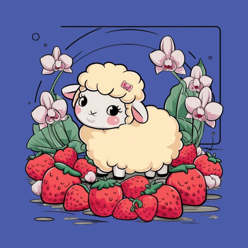 Cute Kawaii Sheep with Strawberries & Orchids