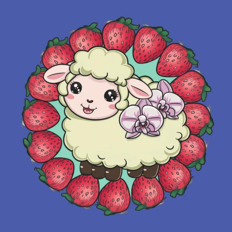 Cute Kawaii Sheep with Strawberries & Orchids