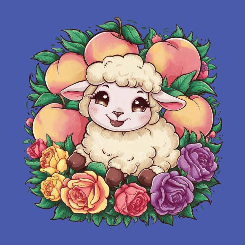 Kawaii Schaf mit Pfirsichen uund Rosen
