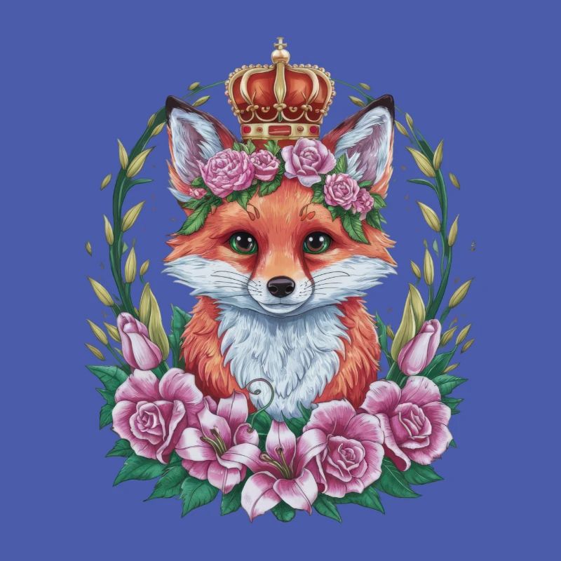 Dessin animé renard kawaii avec couronne, roses et lys