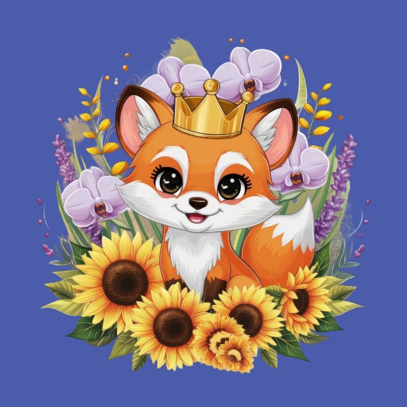 Fuchs mit Orchideen und Sonnenblumen