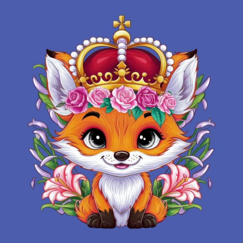 Dessin animé renard kawaii avec couronne, roses et lys