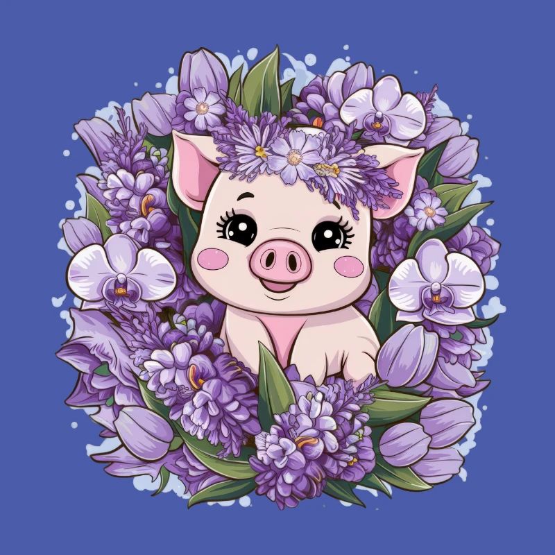 Cochon de style kawaii de dessin animé avec des orchidées