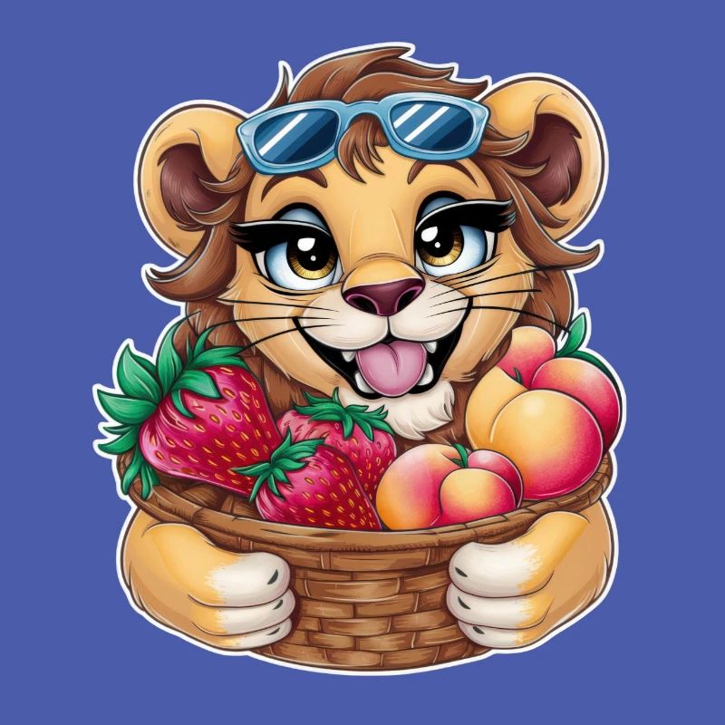 Kawaii Löwe mit Erdbeeren und Pfirsichen