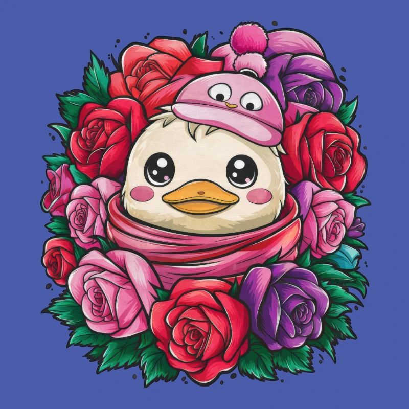 Canard kawaii avec des roses colorées