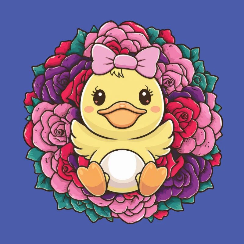 Canard kawaii avec des roses colorées