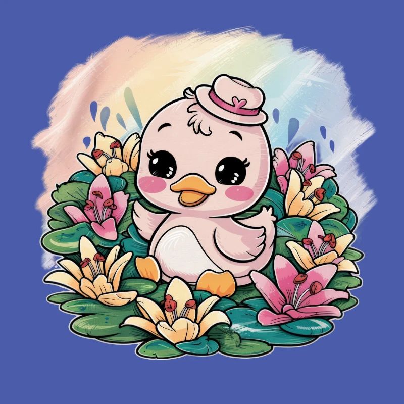 Canetons kawaii aux lys colorés