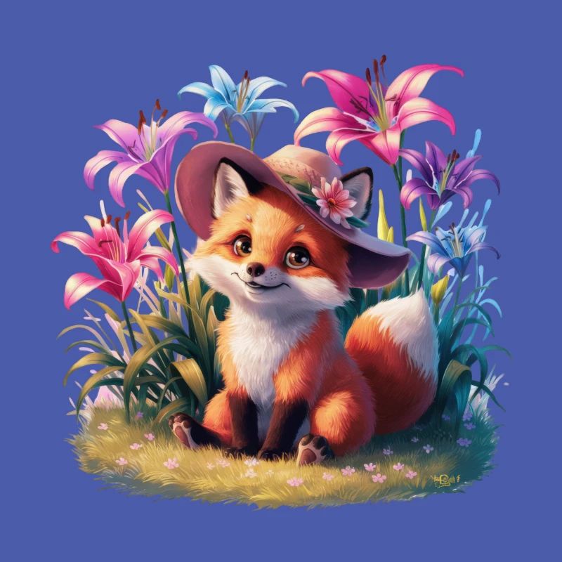 Dessin animé renard kawaii avec des lys colorés