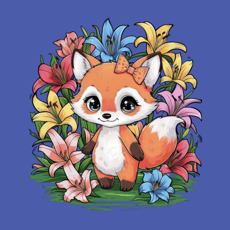 Dessin animé renard kawaii avec des lys colorés