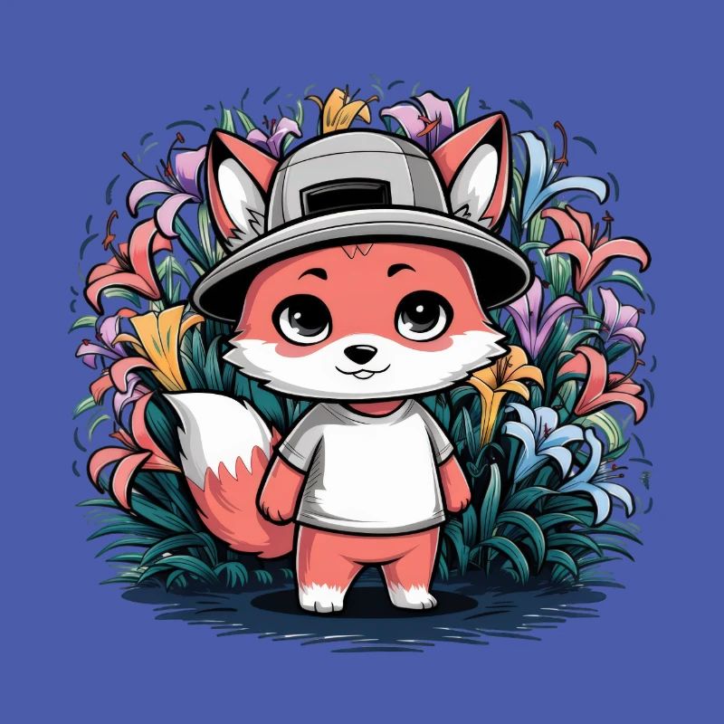 Cartoon Kawaii Fuchs mit farbenfrohen Lillien
