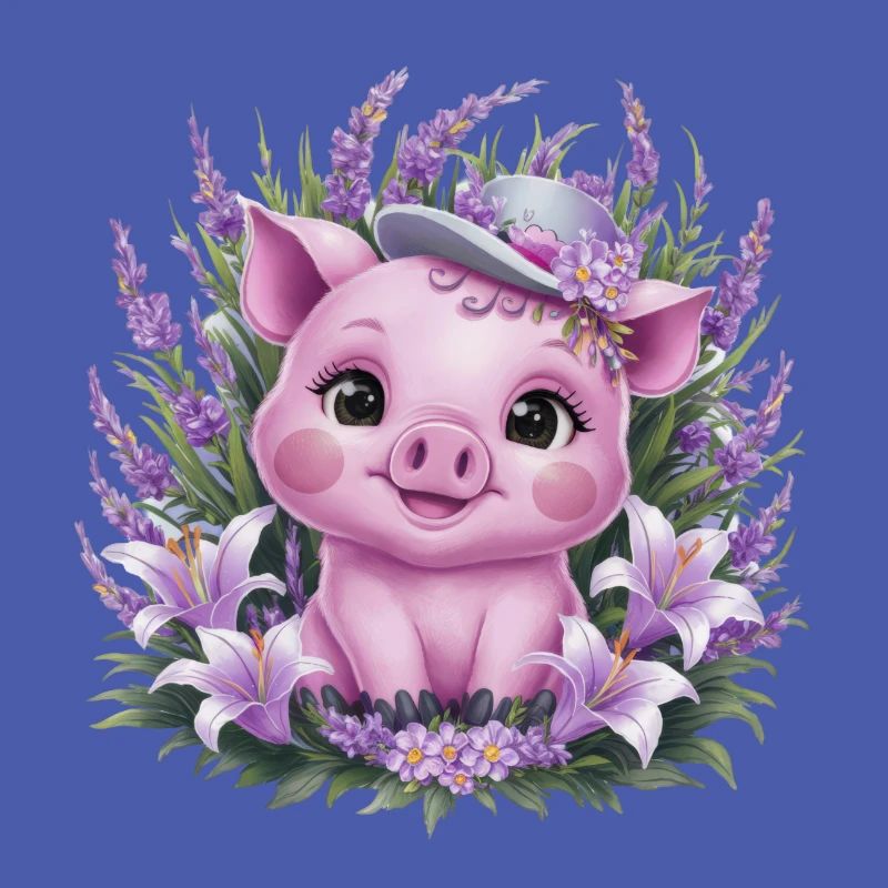 Cochon dans le style de dessin animé kawaii avec de la lavande