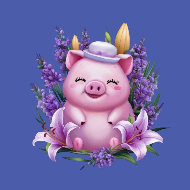 Schwein im Kawaii Cartoon Stil mit Lavendel