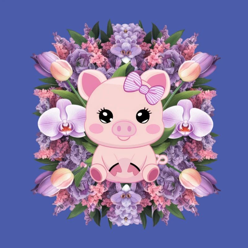 Cochon de style kawaii de dessin animé avec des orchidées