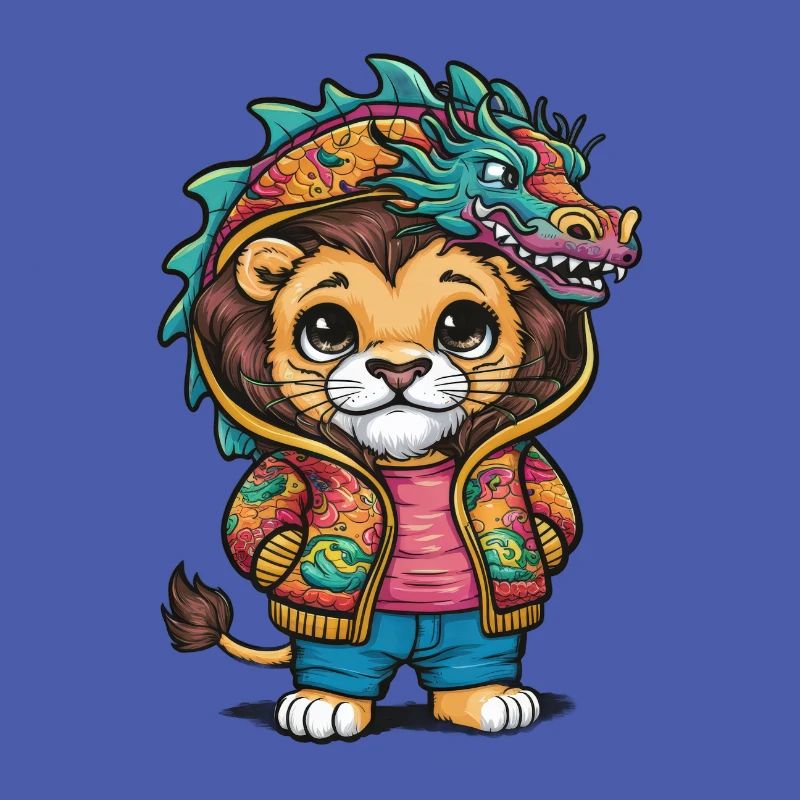 Pretty cartoon kawaii lion with dragon outfit.