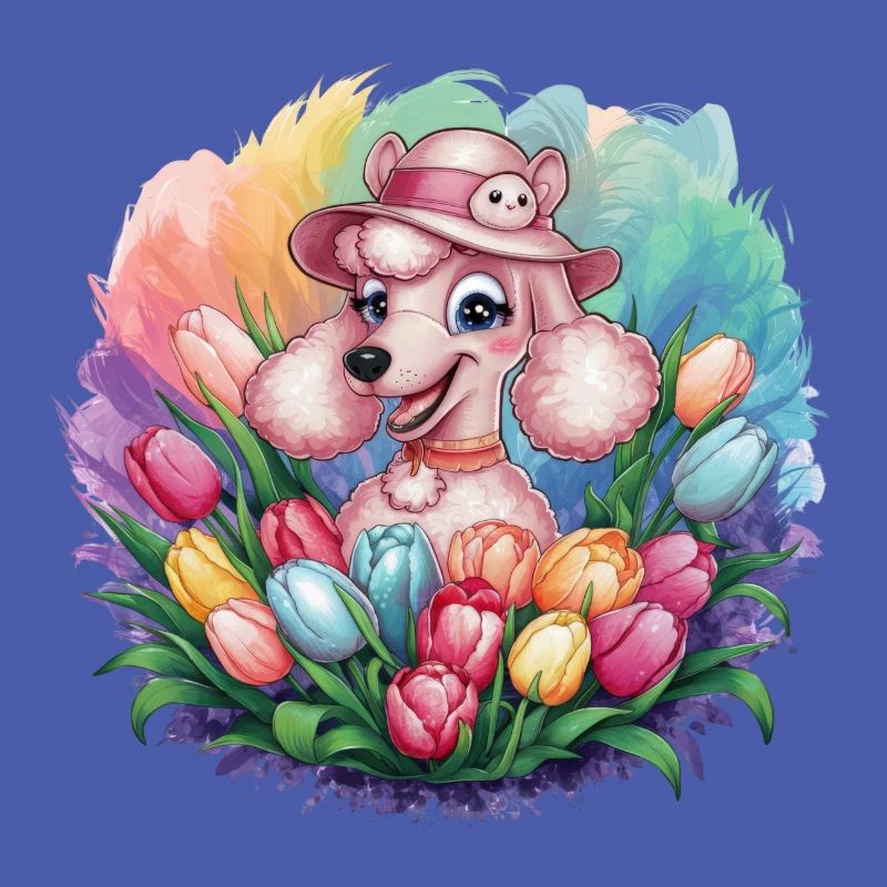Caniche de dessin animé mignon avec des tulipes colorées