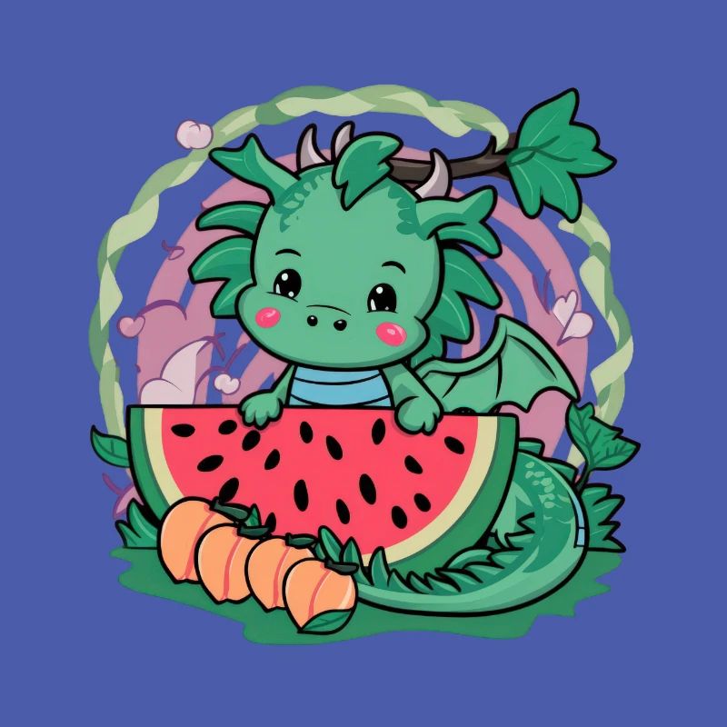 Kawaii Drache mit Pfirsichen und Wassermelone