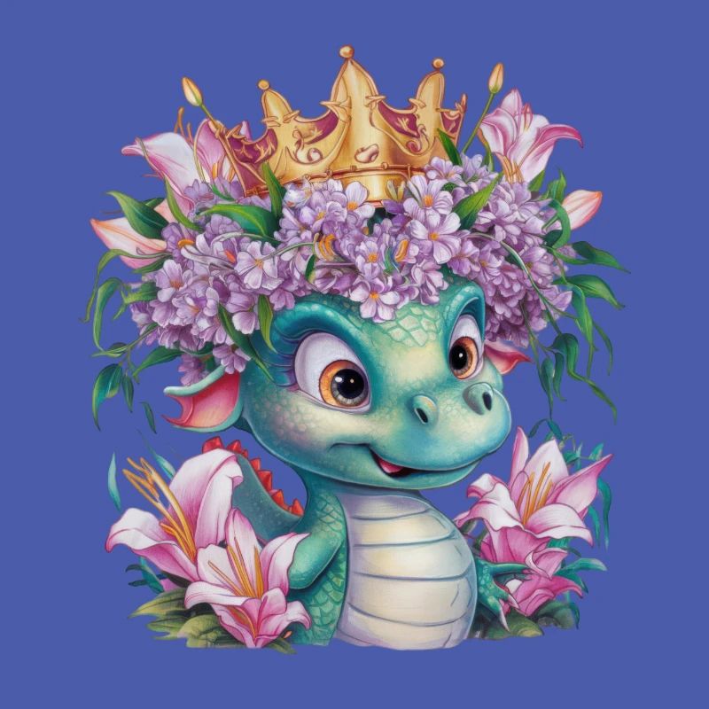 Dragon with crown and colorful flowers