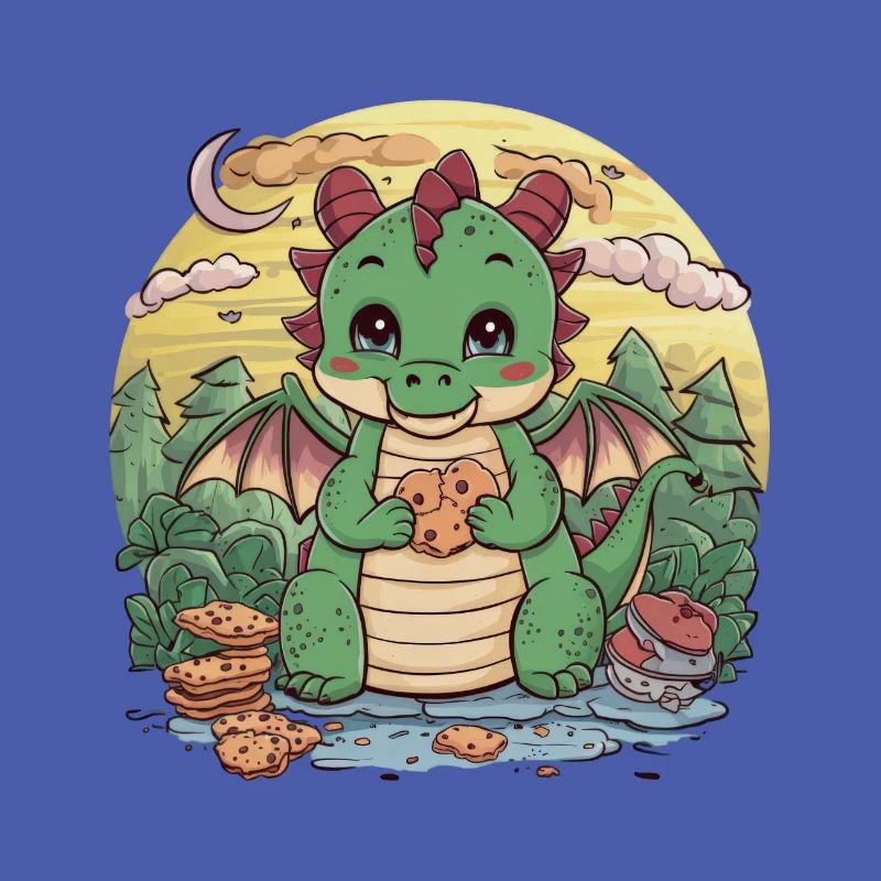 Cute cartoon dragon with chocolate chip cookies.