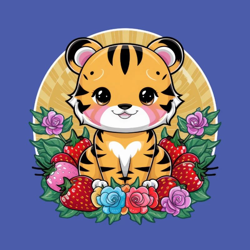 Kawaii Tiger mit Erdbeeren und Rosen
