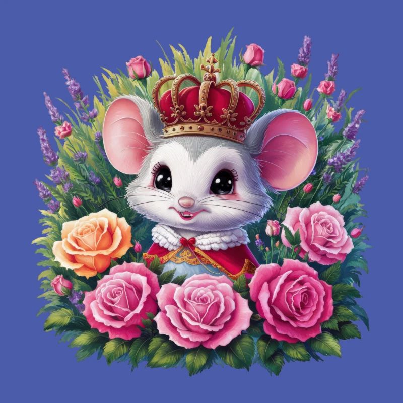 Kawaii Mäuschen mit Krone und prächtigen Rosen