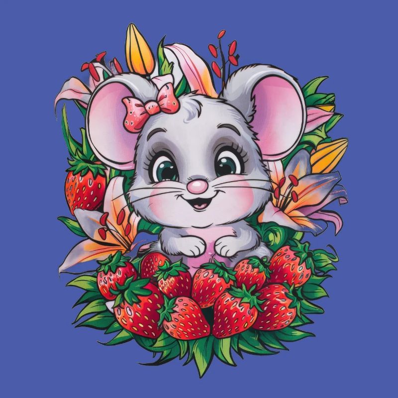 Souris Kawaii aux fraises et aux lys