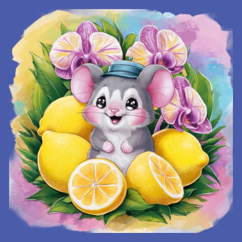 Souris kawaii de dessin animé avec des citrons et des orchidées.