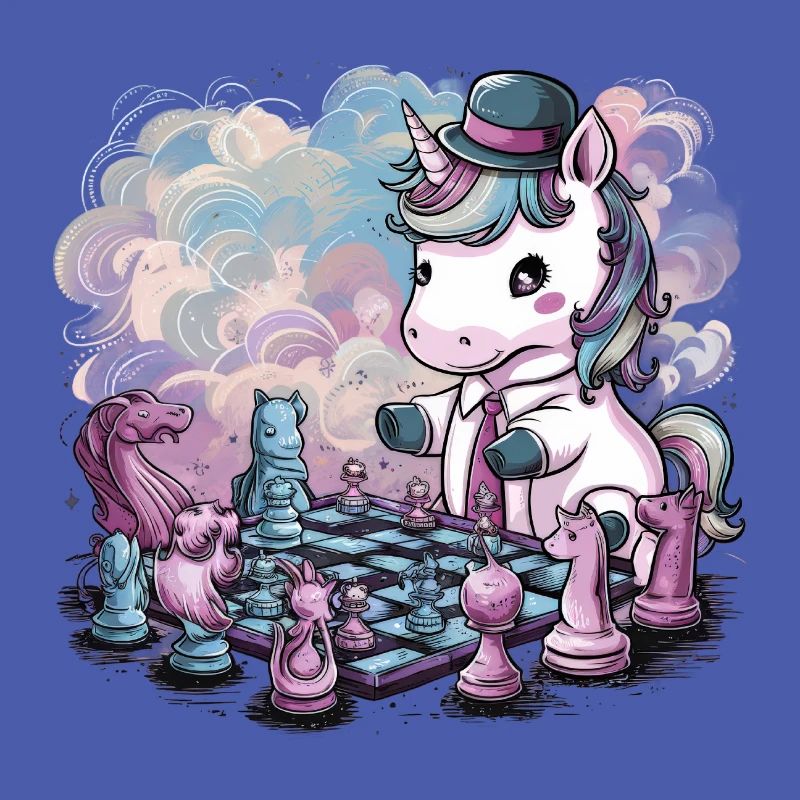 Licorne kawaii jouant aux échecs avec des pièces d’échecs