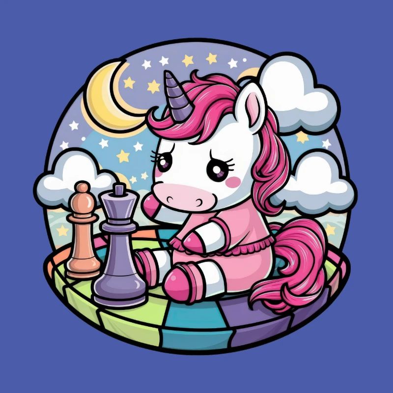 Licorne kawaii jouant aux échecs avec des pièces d’échecs