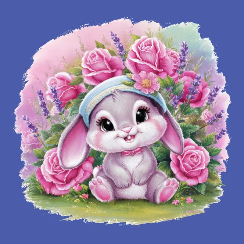 Süßes Kawaii Hase mit Rosen und Lavendel