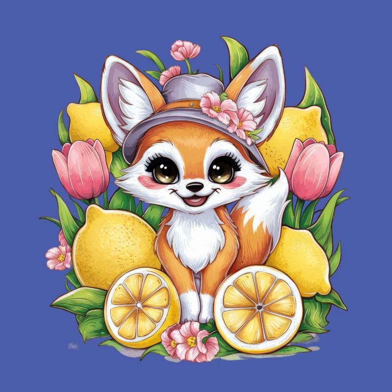 Fennek Wüstenfuchs mit Tulpen und Zitronen.