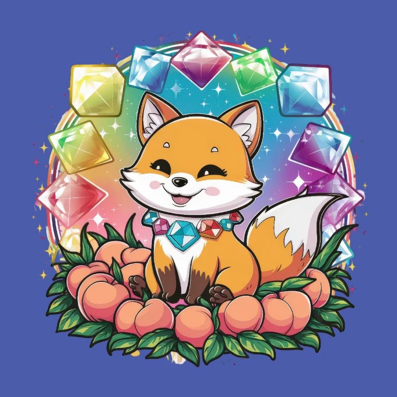 Cartoon Kawaii Fuchs mit Pfirsichen