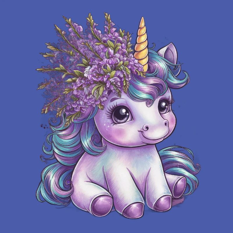 La licorne avec du lilas dans les cheveux aime les fleurs
