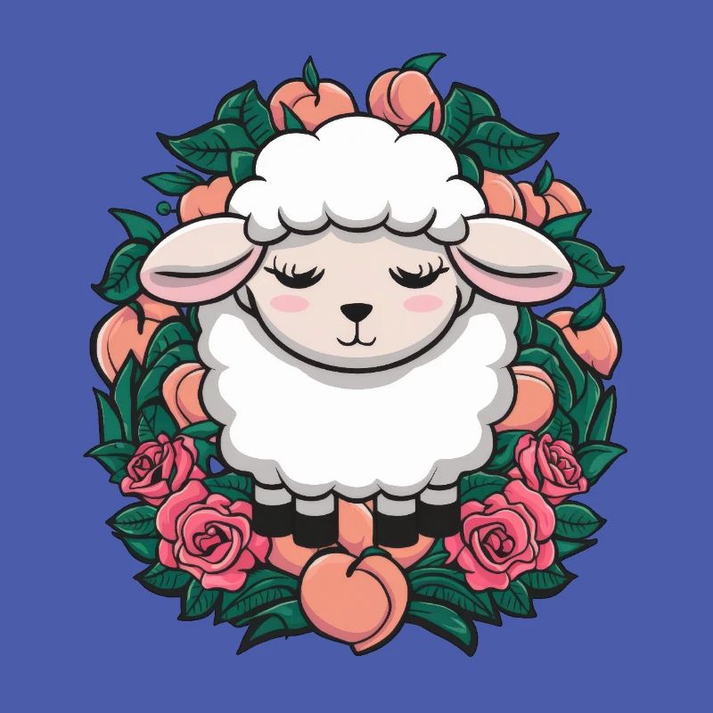 Kawaii sheep with peaches and roses