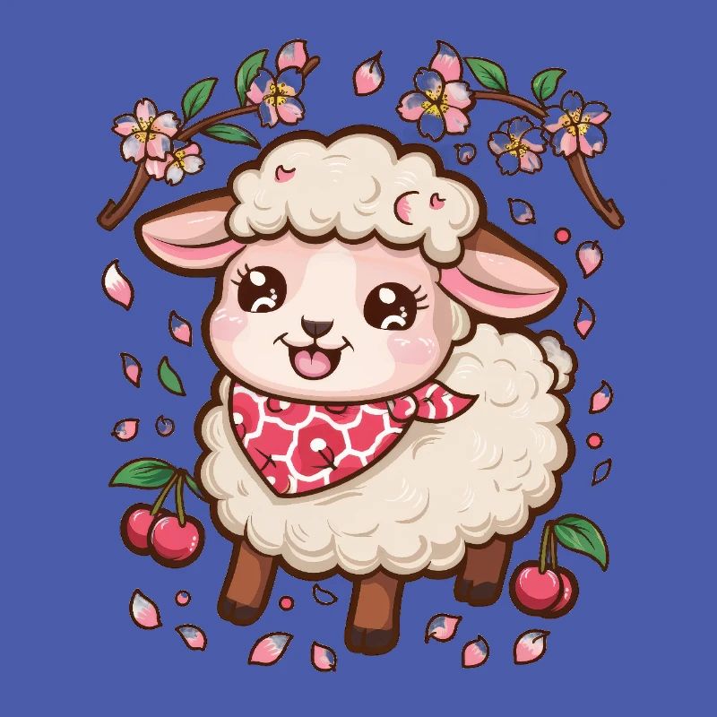 Kawaii Sheep with Cherries & Sakura Cherry Blossoms